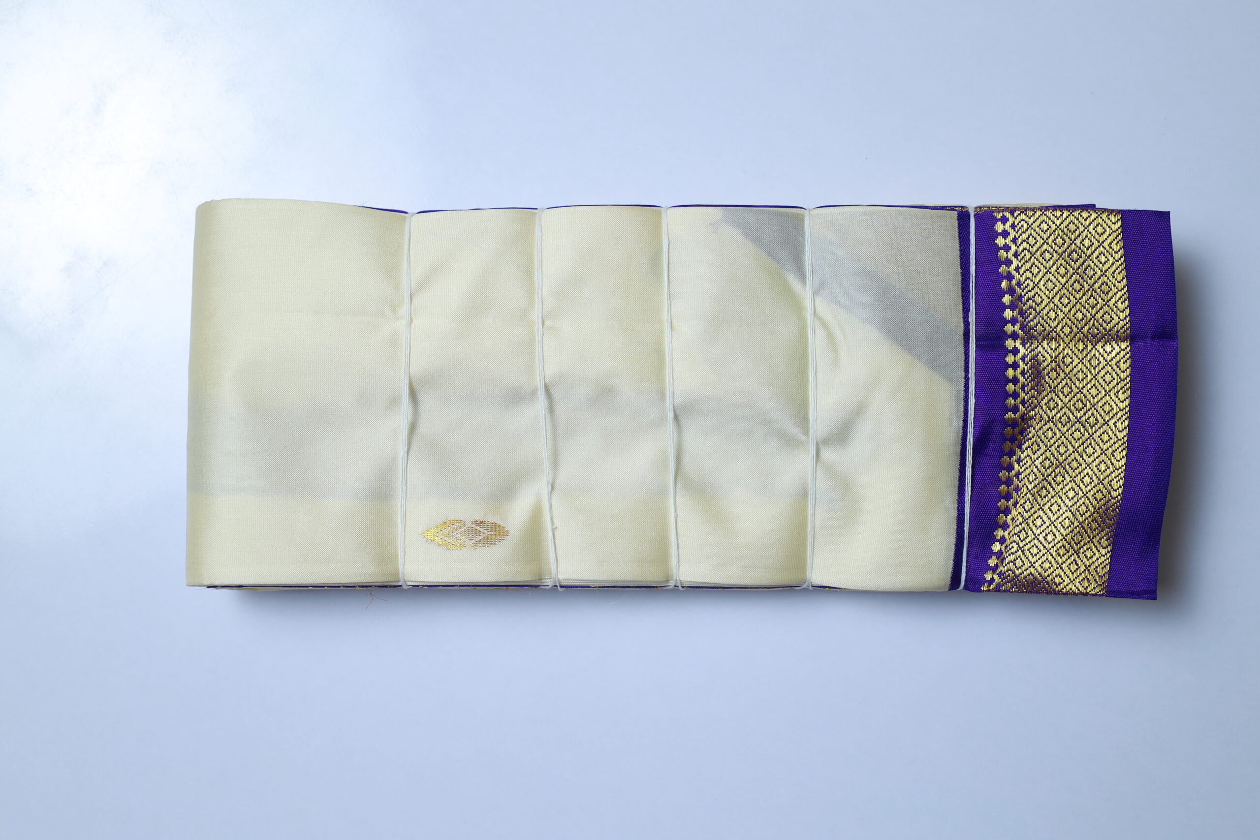 Half White Saree With Blue and Golden Border