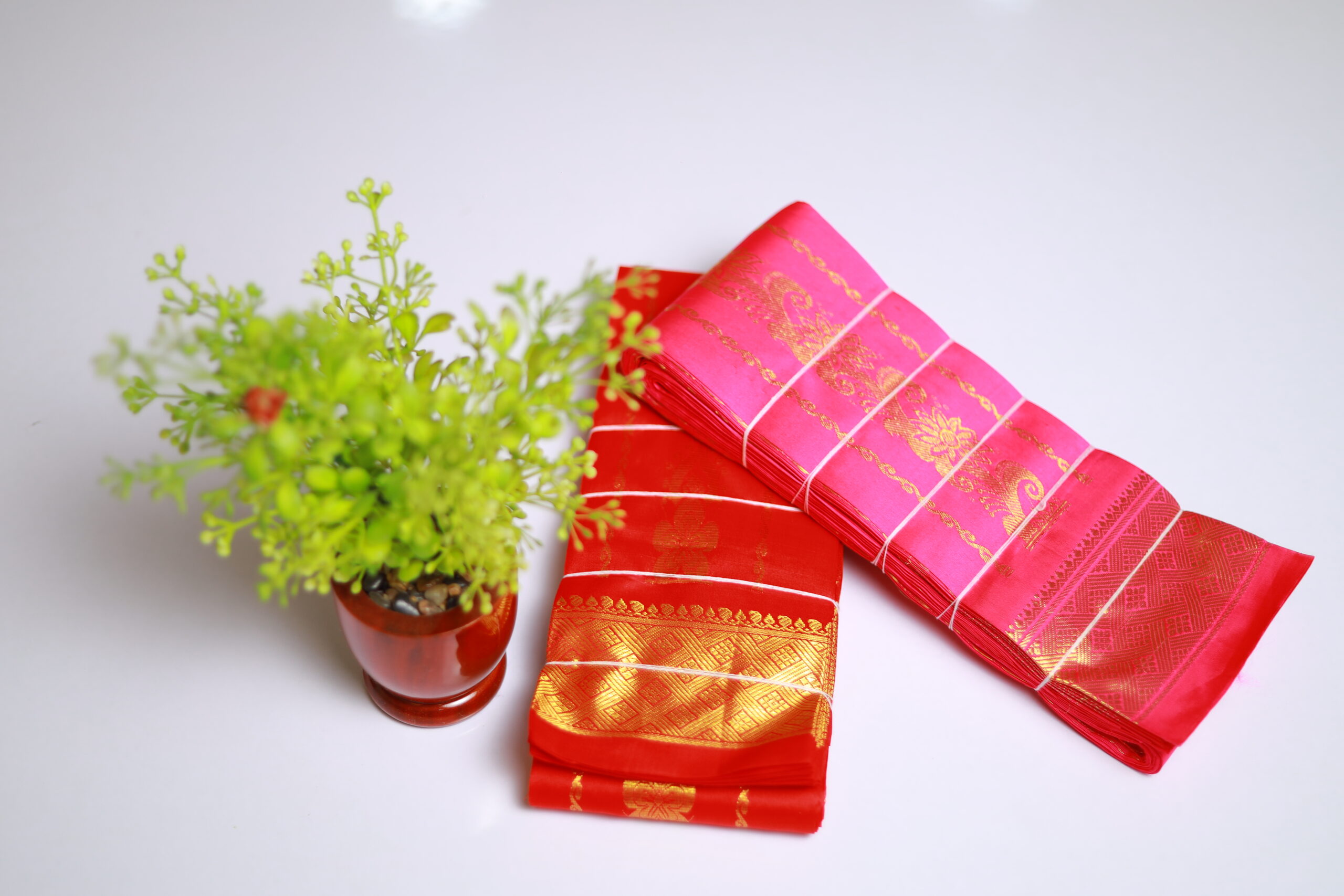 Red And Rose Silk Saree With Golden Border and Design